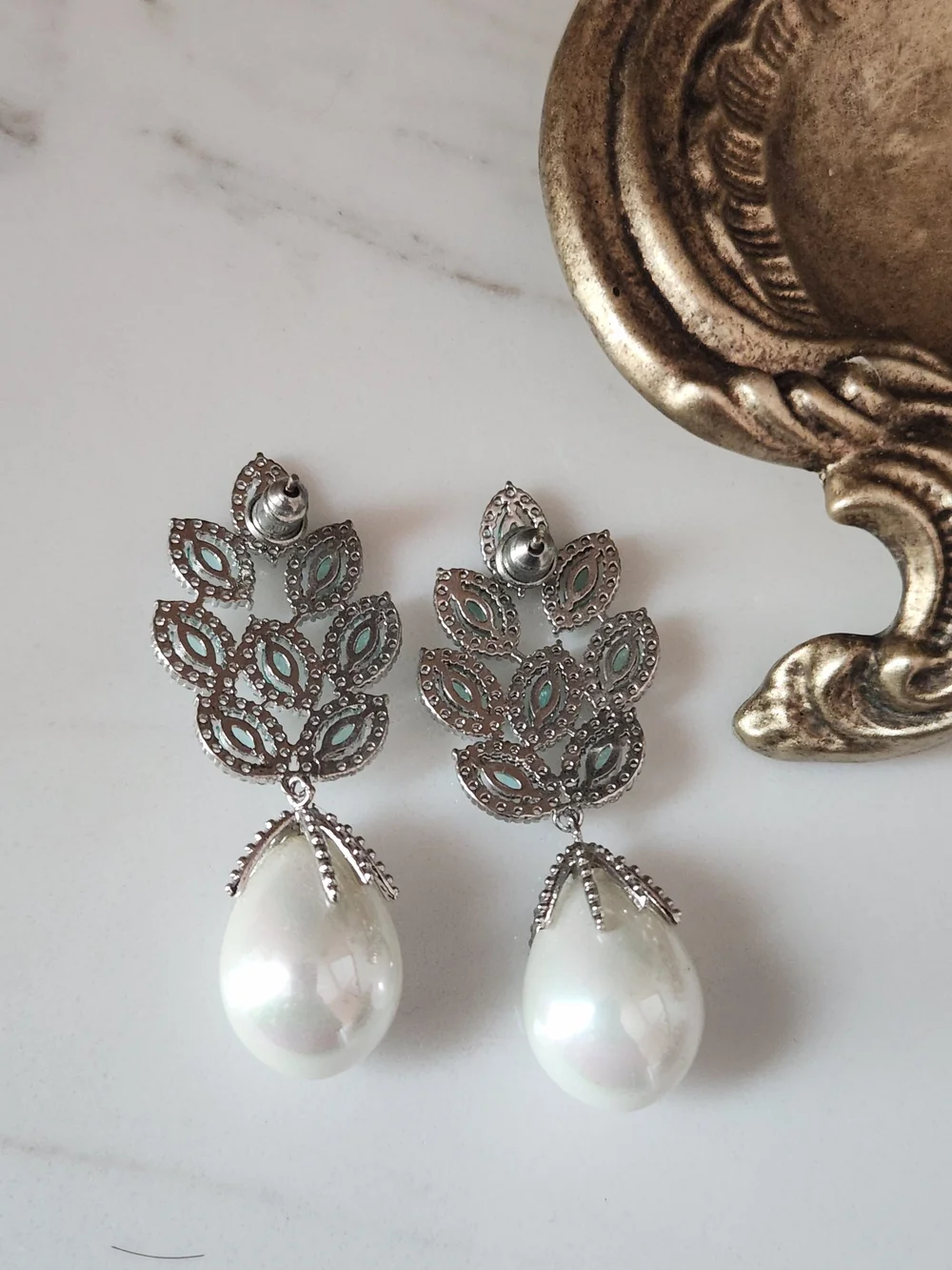 Elegant Silver Faux Pearl Drop Earrings with Green Crystal Leaves